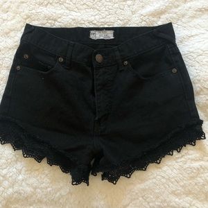 Free People Black Denim Shorts with Lace Trim